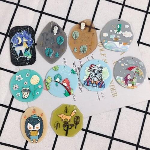 Colorful Cute Image Printing Geometry Acetic Acid DIY Jewelry Pendants 20pcs Ornament Accessories Oval Round Rectangle Charms