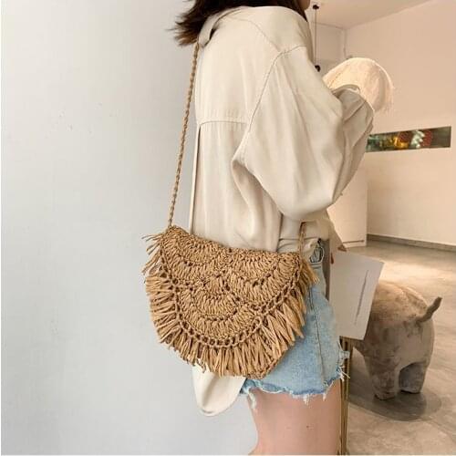 Summer New Tassel Straw Bag Paper Rope Hook Flower Big Flip Hand Woven Bag Casual Womens Bag Beach Bag bolso de paja para mujer