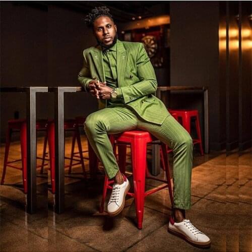 Fashion Pinstripe Doube Breasted Green Mens Tuxedos Slim Fit Two Pieces Wedding Business Casual Suit Jacket Streetwear