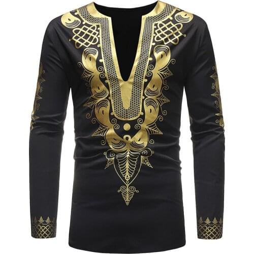 Adult Men African Dashiki Print Shirt Slit Collar Shirt With Long Sleeves Cotton Blend No Button Notch Top Shirt For Men M-3XL