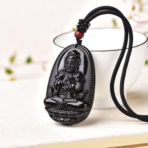 Natura Obsidian Crystal Stone Pendant Figure Of Buddha Carved Lucky Amulet Pendant For Men Women Jewelry Sweater Chain Pendants