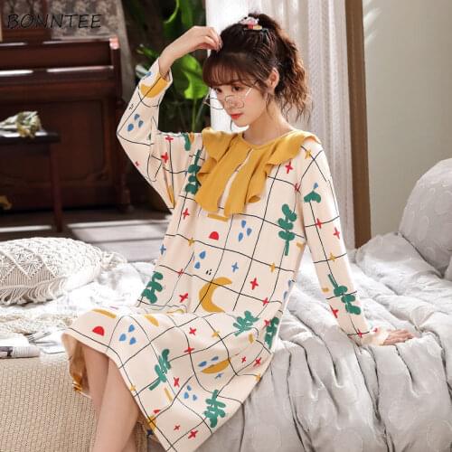 Nightgowns Womens Long Sleeve O-neck Casual Knee Length Soft Home Wear Students Lovely Loose Plus Size Female Sleepshirts Nighty