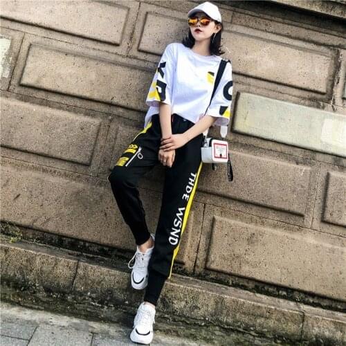 New Fashion Sportswear Hip-hop Casual Suit Women Summer Handsome Short-sleeved Overalls Trousers Two-piece Loose Trend
