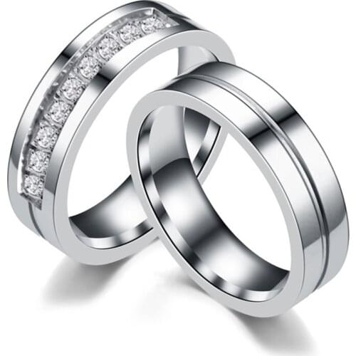 Couple Ring Silver Color Stainless Steel Rings for Women Men Zircon Rings Wedding Jewelry Gift