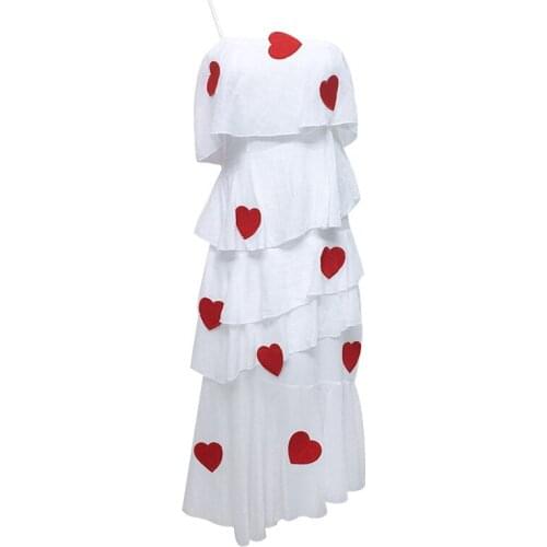 PERHAPS U White Red Heart Appliques Straight Patchwork Cascading Ruffle Maxi Long Dress Slash Neck D0601