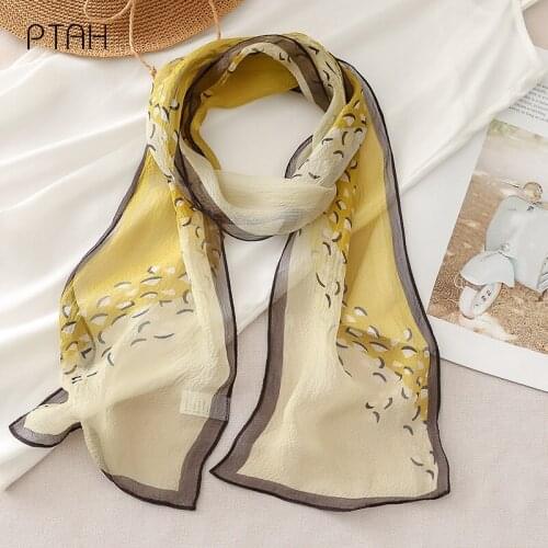 [PTAH] 137*17cm 100% Mulberry Silk Scarf Autumn New Neckerchief Print Scarves Fashion Women Long Soft Comfort Scarf High Quality