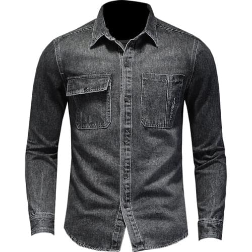 Spring Jeans Shirt Men Denim Shirts 100% Cotton Black Lapel Long Sleeve Fashion Slim Casual Motorcycle Style Cowboy Thin Coat