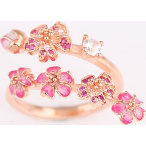 S925 Silver Rose Enamel Peach Blossom With Crystal Ring For Women Wedding Party Gift fit Lady Fine Jewelry
