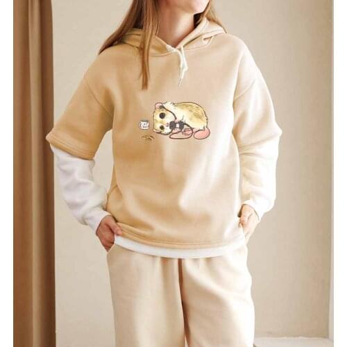 Color Block Sweatshirt Guinea Pig Women Oversized Harajuku Vintage Graphic Long Sleeve Fake Two Pieces Hoodie Thermal Clothes