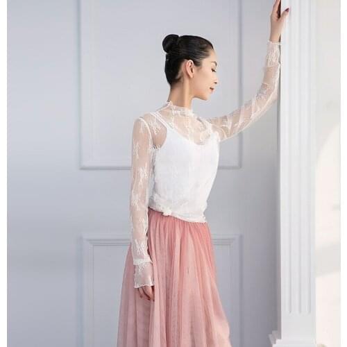 Fall Winter White Black Khaki Elastic Embroidery Lace Long Sleeve Ballet Leotard T Shirt Dance Top Adults Ballerina Tee Shirts