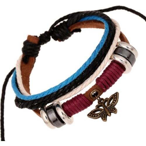 Vintage Retro Butterfly Fashion Women Bracelet Wrap Rope Beads Bronze Charm Multilayer Leather Bangle Wristbands Casual Jewelry