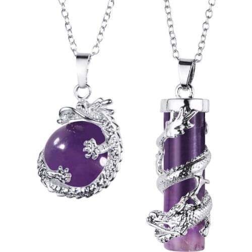 YJXP Dragon Wrapped Pendant Cylinder Crystal Round Ball Necklace Chakra Reiki Healing Pendant Gemstones Pendant Necklace