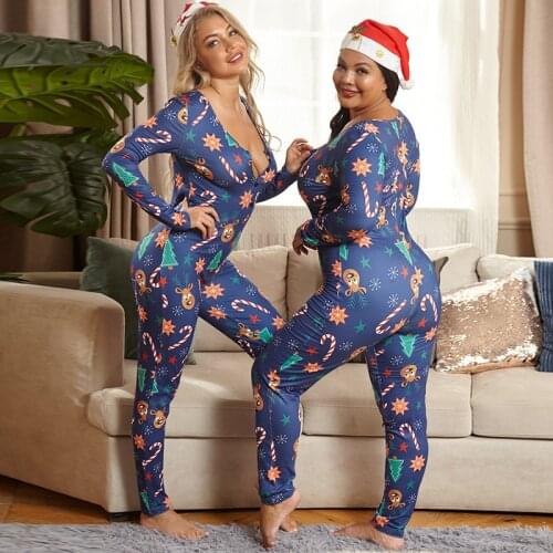 Yuerlian Plus Size Christmas Printed Spandex Sexy Yoga Set Jumpsuit Women Long Sleeve V Neck Bodysuit Fitness Workout Tracksuit