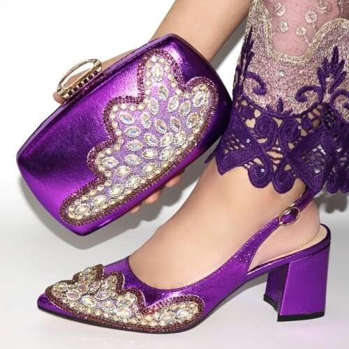 Wonderful purple women pumps match handbag with crystal decoration african dress shoes and bag set CR175,heel 7.5CM