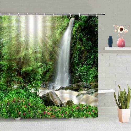 Waterfall Shower Curtain Tree Green Leaf Mountain Stone Natural Landscape 3D Printing Waterproof Bathroom Curtains With Hooks