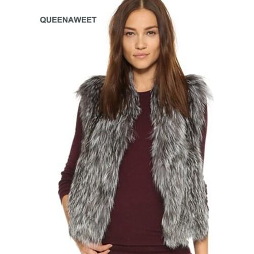 Lady Genuine Real Natural Fox Fur Vest Waistcoat Autumn Real Knitted Silver Fox Fur Gilet Outwear