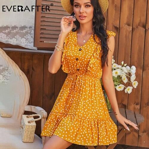 EVERAFTER Ruffled V-neck Polka Dot Dress Women Holiday Style High Waist Button Sleeveless A-line Mini Dress Elegant Summer Dress