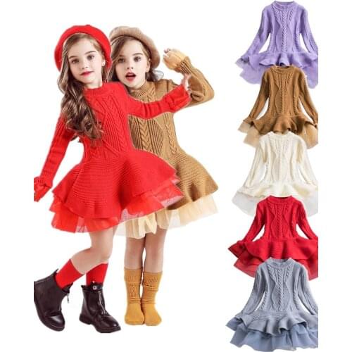 2021 Winter Warmer Dress For Girls Christmas Sweater Mesh Costumn For Kids Layered Flare Long Sleeve Clothes For Children