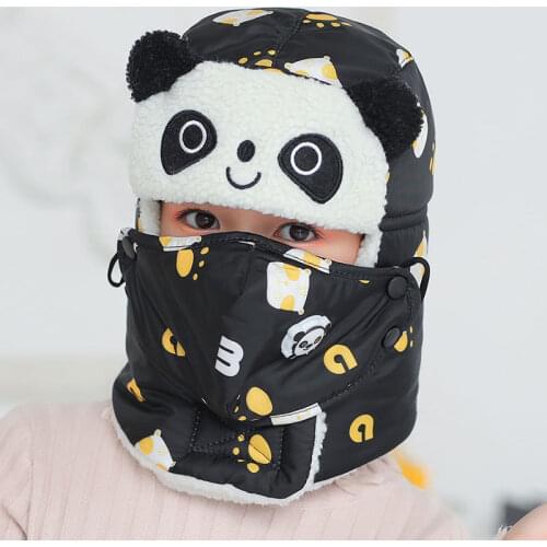 Winter Bomber Hats for Girls Boy Winter Hats Cap with Scarf Neck Masks Animal Cotton Snow Cap Earflaps Russian Hat Mask Warm