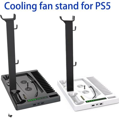 1pcs Multifunctional Vertical Cooling Stand Base Fan Cooler Dual Charging Dock For PS5 Host With Headset Storage Rack Holder