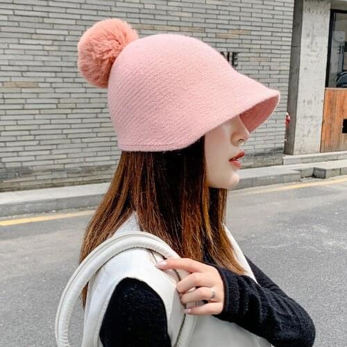 2020 Korean Womens Autumn Winter Retro Warm Basin Hat All-Match Fashionable and Elegant Wool Ball Knitted Bucket Hat