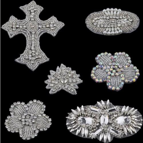 6PC Handmade Bling Beaded AB Rhinestone Applique Sew On Manual Flatback Crystal Flower Cloth Applique for Dresses Craft Supplies