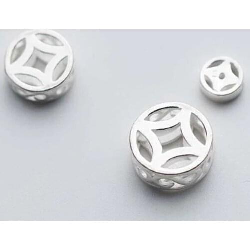 925 Sterling Silver Vintage Auspicious Ancient Coins Beads DIY Jewelry Make 7mm 11mm 13mm Hollow Out Silver Round Spacer Beads
