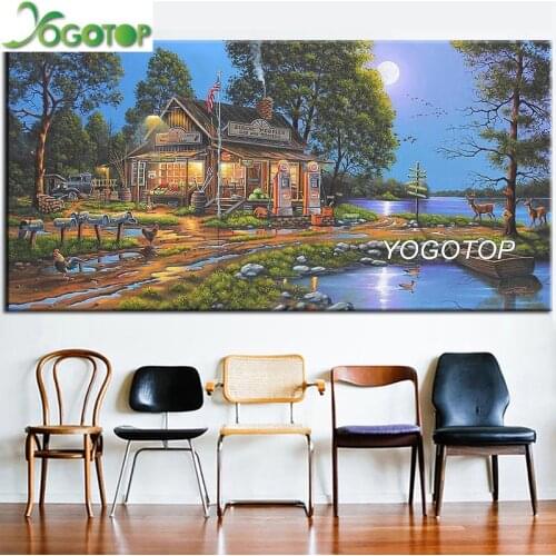 5D DIY diamond painting country village large diamond embroidery lake, boats mosaic full drill deernight natural scenery YY2862