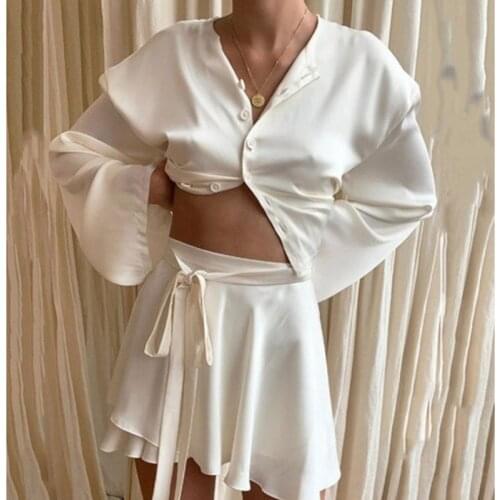Sexy Center Buttons Loose Crop Satin Shirt Bandage Lacing up High Waist Mini Wrap Skirts Crop Top 2 Pieces Set A407