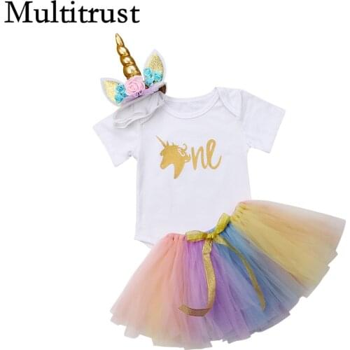 Newborn Baby Girls Birthday One Unicorn Bodysuit Tutu Skirt Colourful Summer Cute Set Bow Clothes