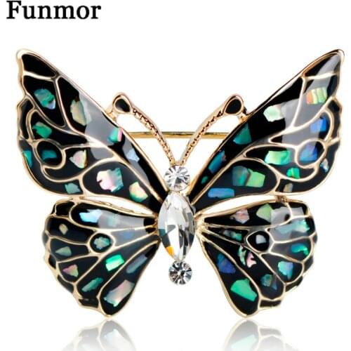 FUNMOR Alloy Metal Butterfly Style Brooch Abalone Shell Colorful Crystal Brooches For Women Girl Kids Lapel Pins Banquet Jewelry