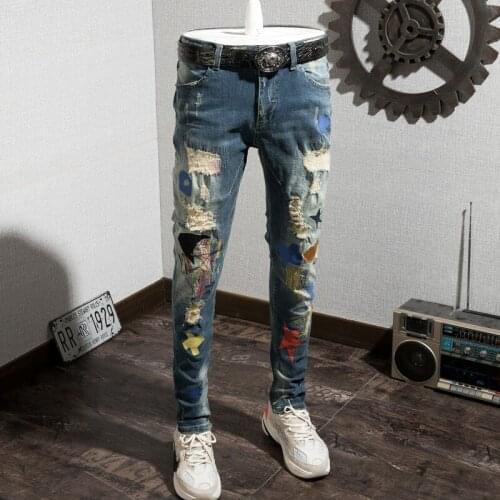 Man Hole Jeans Personality Printing Male Pants Autumn Trend Directly Cuffless Trousers Elastic Force Leisure Time Pants Trouser