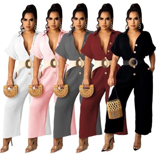 Elegant Button Turn-down Collar Jumpsuit Women Sexy V Neck Short Sleeve Wide Leg Pants Slim Romper Loose Streetwear No Belt