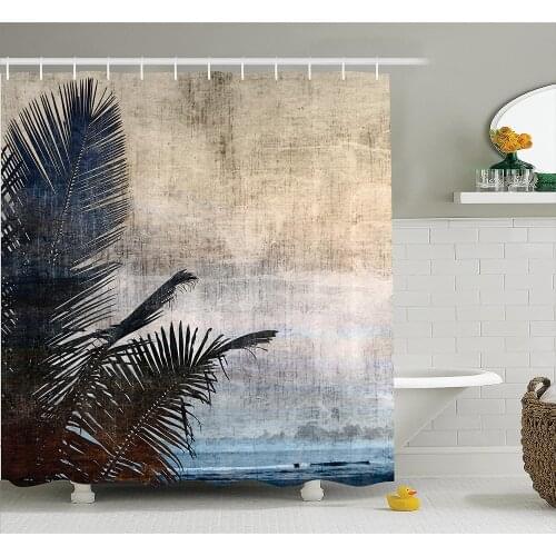 Hawaiian Decorations Shower Curtain Palm Tree Leaves On Grunge with Sea Vintage Waterscape Illustration Waterproof Bath Curtains