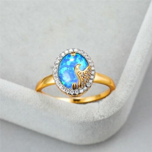 Classic Gold Color Thin Wedding Ring Charm Crystal Oval Opal Engagement Ring Luxury Female White Blue Stone Wave Rings For Women