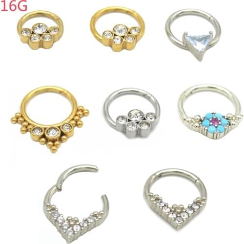 Nose Ring Septum Clicker Hinge Segment Surgical Steel Ear Helix Tragus Hoop Crystal Clear Gem Flower Heart16G