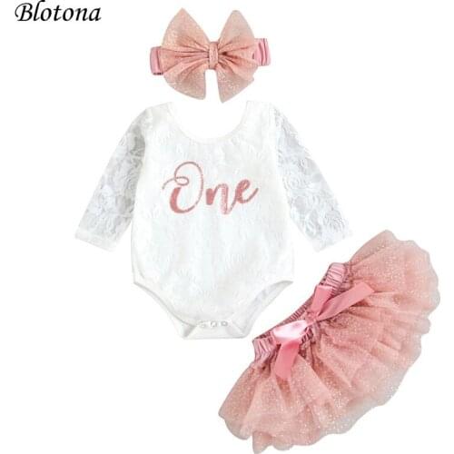 Blotona Baby Girls My First Birthday Outfits, Cute Long Sleeve Floral Lace Romper + Tutu Skirt + Headband Set, 0-30Months