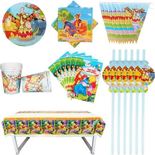 68/57/56/24PCS Disney Winnie the Pooh Baby Shower Party Decoration Birthday Sets Banner Straw bag Cup Plate Tablecloth Supplies