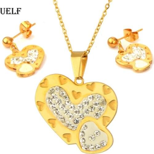 UELF Romantic Double Heart Pendant Necklaces Jewelry Set Exquisite Earring Rings Set For Women Wedding Party Engagement Jewelry