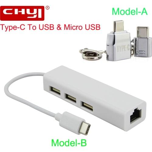 CHYI USB Type-C HUB USB-C To 3 Port USB2.0 + Rj45 Ethernet 10/100Mbps Lan Adapter Micro USB C Splitter For PC Laptop Desktop