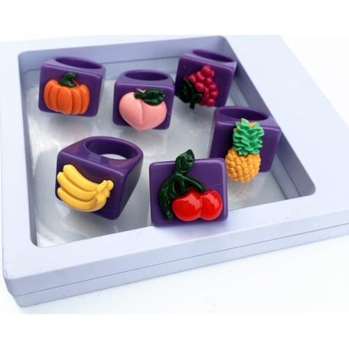 Korean Fresh Fruits Cherry Banana Pineapple Pumpkin Finger Ring For Women Girls fashion Purple Resin Acrylic Wide Rings Jewelry