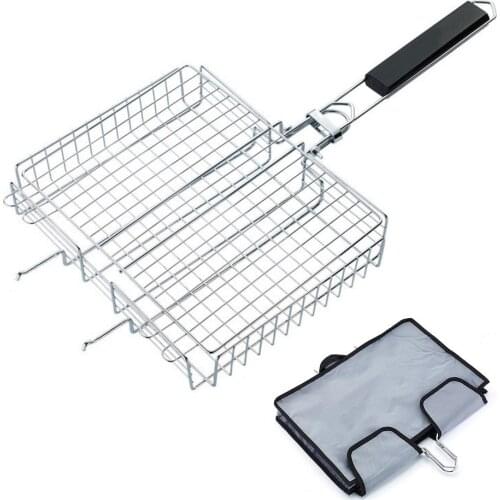 Stainless Steel Wire Barbecue Grilling Basket BBQ Net With Wooden Handle Meat Fish Clip Holder Grill Basket Fish BBQ Rack Tools