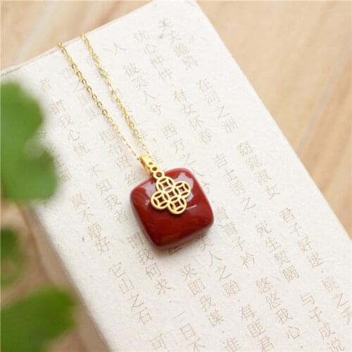 S925 Sterling Silver Natural Hetian Jade South Red Golden Money Bag Pendant Square Geometric Necklace Pendant Retro Womens