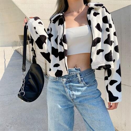 Spring Casual Women Cow Print Zipper Coat Autumn Long Sleeve Lapel Collar Short Jacket Cardigan Ladies Clothing