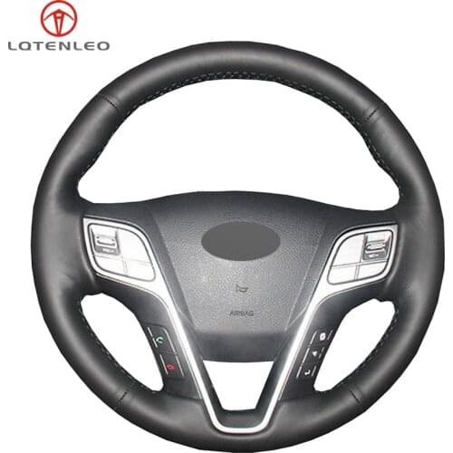 LQTENLEO Black PU Artificial Leather Hand Sew Car Steering Wheel Cover For Hyundai Santa Fe 2013-2018 ix45 2013 2014 2015 2016
