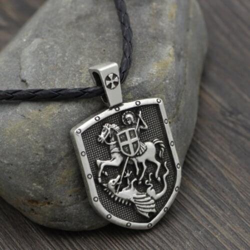 Mythological Style Dragon Slayer Knight Shield Pendant Necklace Vintage High Quality Metal Mens Cross Amulet Jewelry