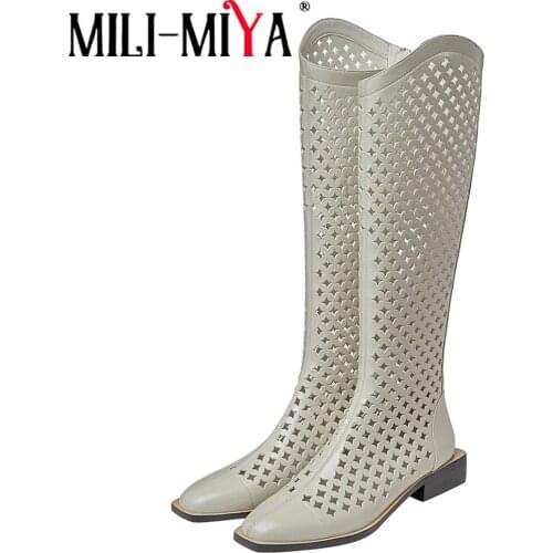 MILI-MIYA Women Low Thick Heels Knee High Long Boots Cut Out Spring Summer Sandal Genuine Leather Fashion Square Toe Wild Shoes