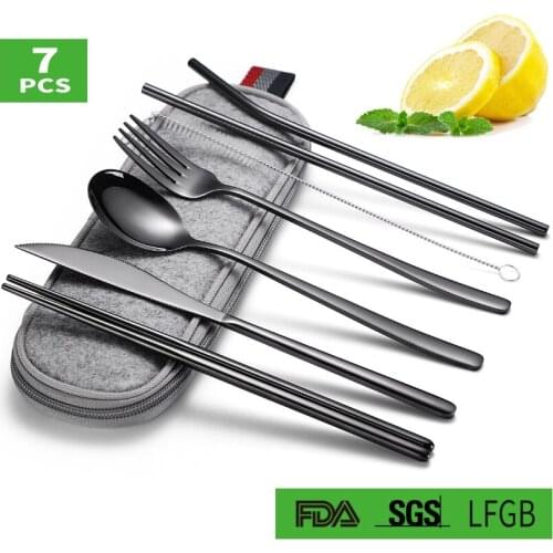 Travel Camping Cutlery Set, 8-Piece including Knife Fork Spoon Chopsticks Cleaning Brush Straws Portable Case Flatware set