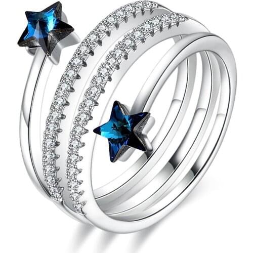 Genuine 925 Sterling Silver Christmas Explosions Pentagram Spiral Personality Crystal Ring Womens Rings Jewelry Gift for Women