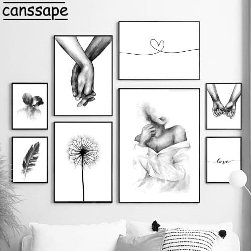 Hand In Hand Canvas Poster Black White Painting Dandelion Feather Print Couple Posters Nordic Wall Picture For Living Room Decor